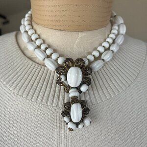 Vintage Miriam Haskell Milk Glass Necklace with Filigree Drop Pendant 15” Length